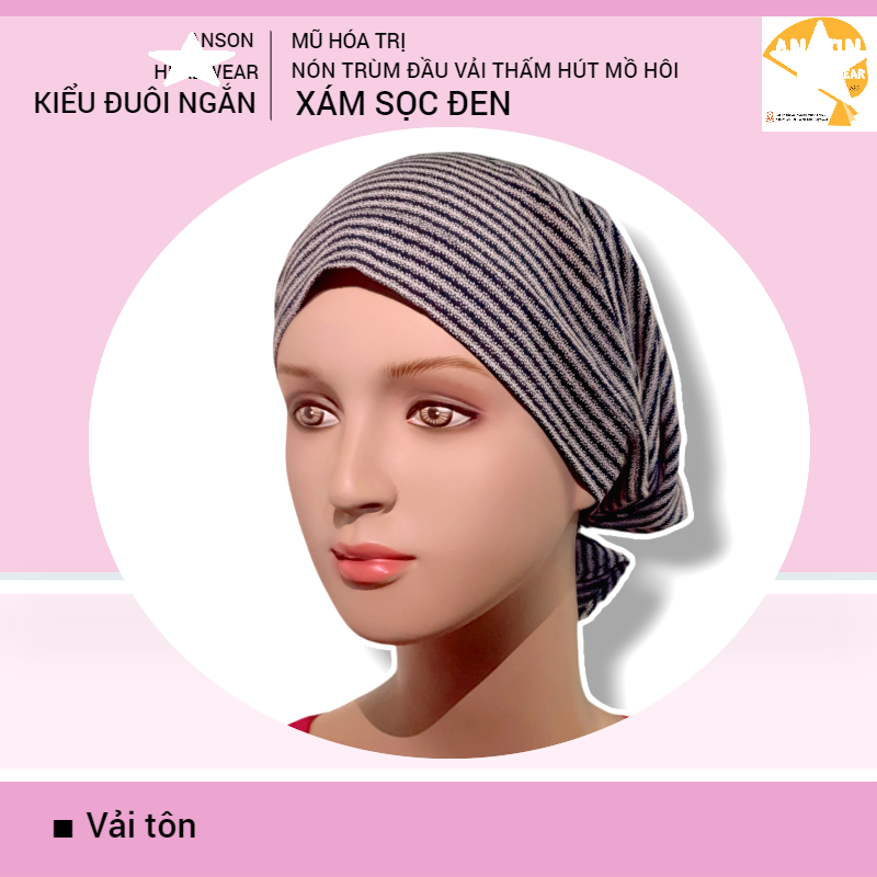 Nón hóa trị vải mềm mát, hút mồ hôi, bệnh nhân ung thư, chemo hat, nón trùm đầu [KIỂU ĐUÔI NGẮN-XÁM SỌC ĐEN]