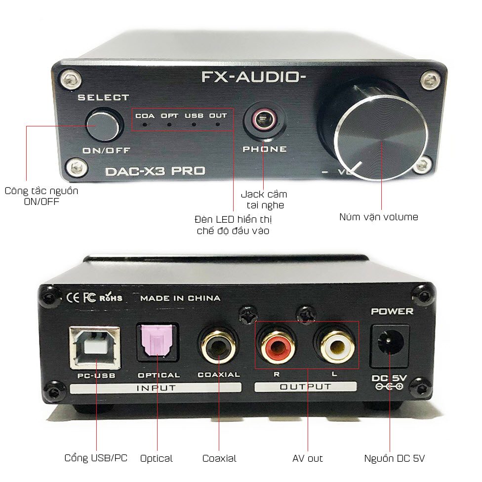 FX-Audio DAC-X3 Pro Bộ Giải Mã Khuếch Đại Âm Thanh 24BIT/192Khz Cổng Coaxial - USB PC - Optical - Kèm Nguồn - Hàng Chính Hãng