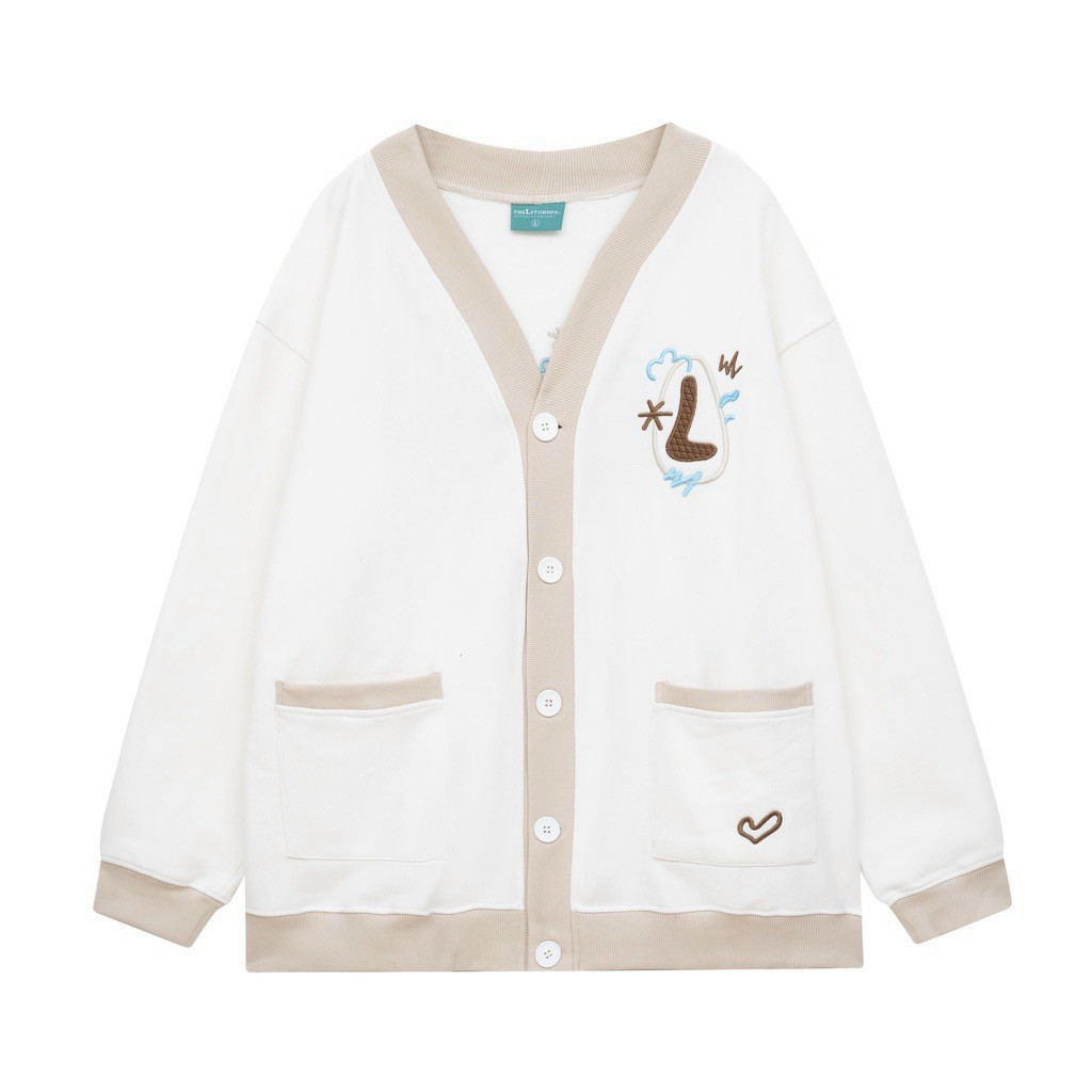 Freeship Áo Cadigan Bóng Chày Be Sữa Hàn Quốc Siêu Xinh Kèm Ảnh Thật, Áo Cardigan thêu Logo THEL, Áo khoác cardigan nữ chất nỉ bông mềm mịn thoáng mát