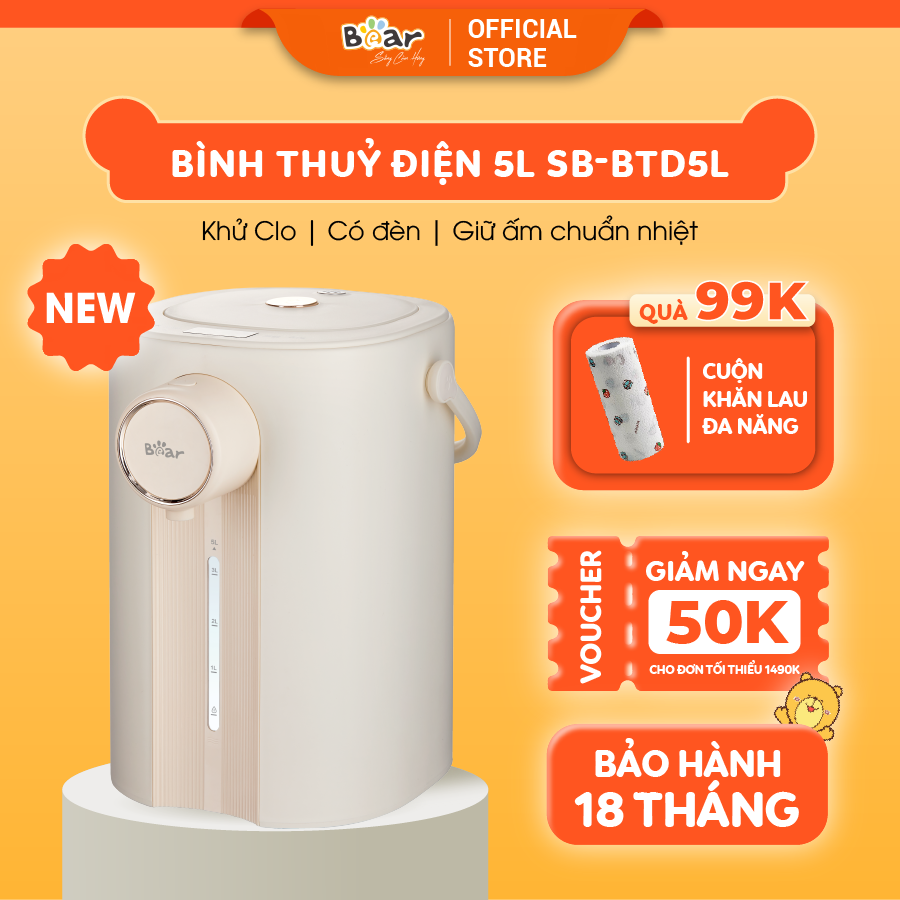 Bình Thủy Điện Đun Nước Nóng Bear 5L Đun Sôi Siêu Nhanh Khử Clo 11 Mức Nhiệt Có Đèn Dịu Nhẹ Ban Đêm SB-BTD5L HÀNG CHÍNH HÃNG