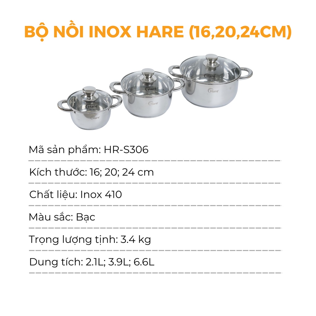 Bộ nồi inox đáy từ HR-S306 - thương hiệu Hare - lỗi 1 đổi 1