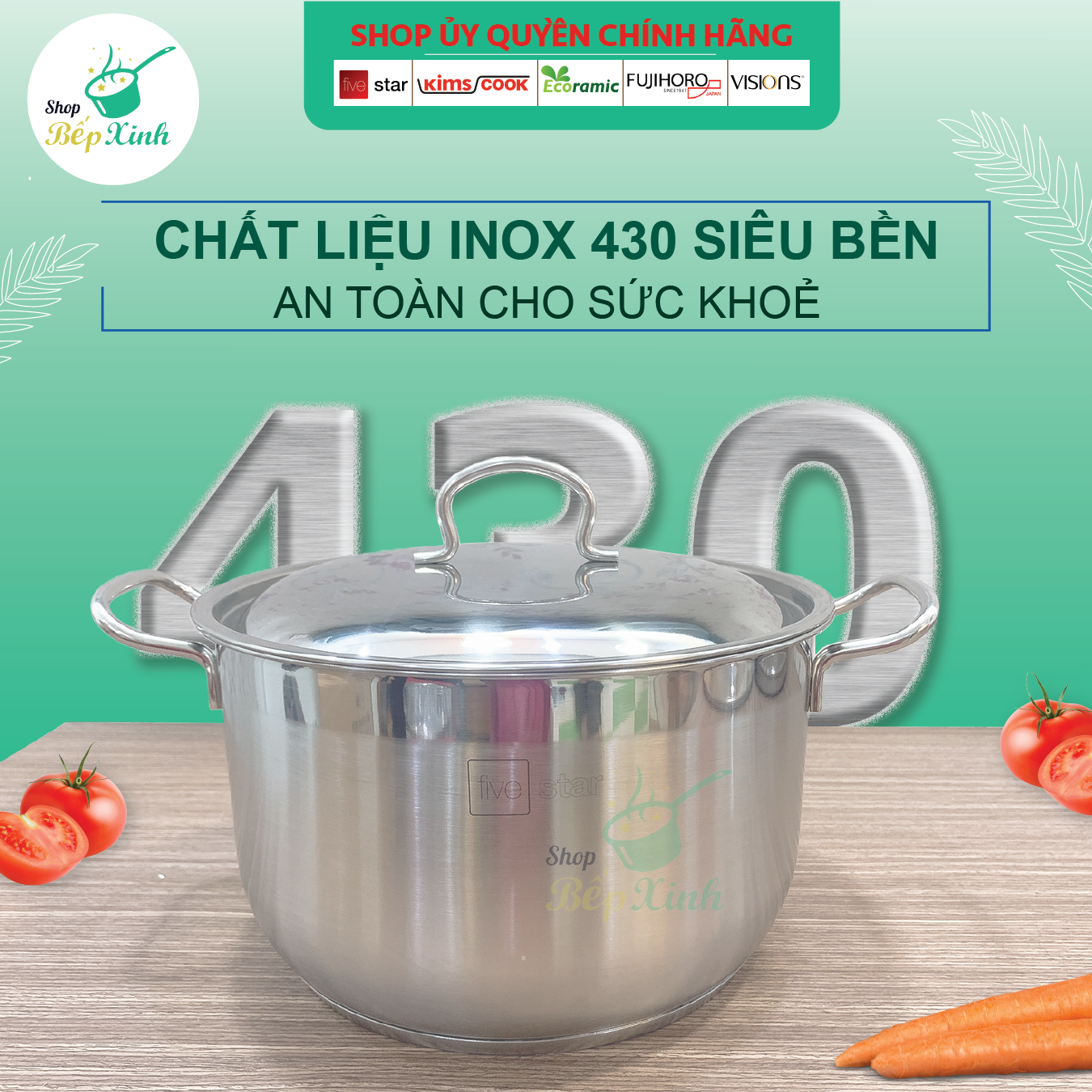 Nồi Inox 3 đáy inox 430 Fivestar bếp từ nắp inox tặng 2 vá canh