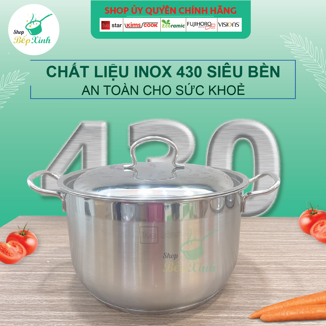 Nồi Inox 3 đáy inox 430  Fivestar bếp từ nắp inox tặng 2 vá canh