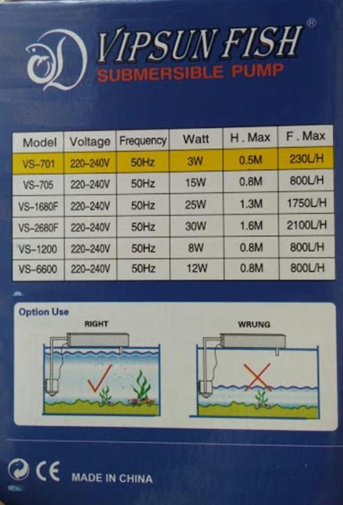 Máy Bơm Bể Cá Vipsun VS-701 (3W-230L/H-0.5M) - Máy Lọc Nước Cho Hồ Cá Cảnh Mini