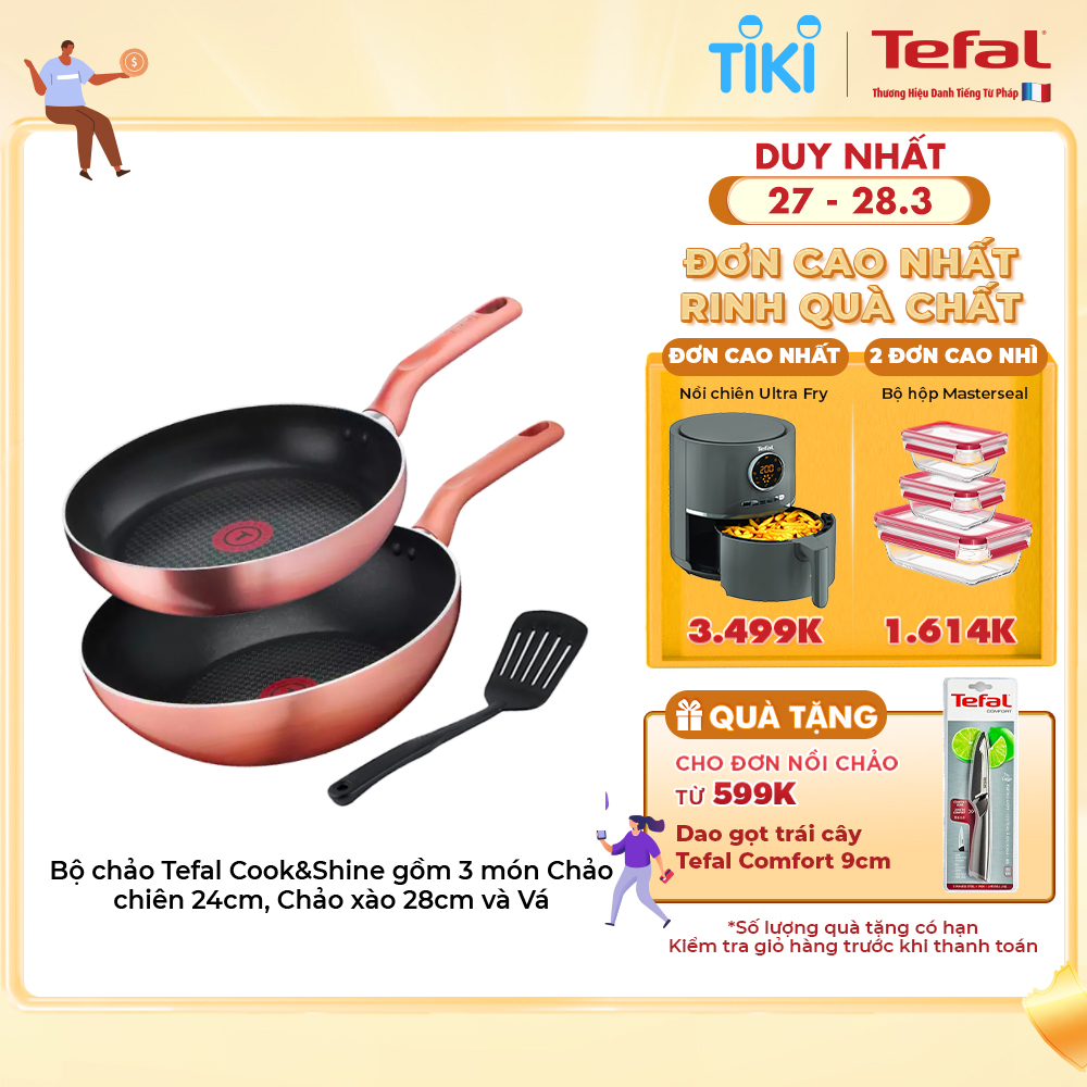 Bộ chảo Tefal Cook&amp;Shine gồm 3 món Chảo chiên 24cm, Chảo xào 28cm và Vá - Chống dính - Báo nhiệt thông minh - Thích hợp mọi loại bếp - Hàng chính hãng