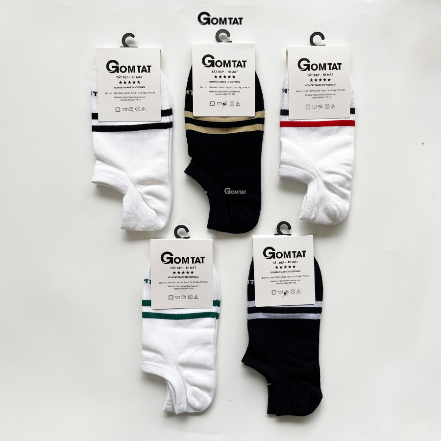 Combo 5 Đôi Tất Nam Nữ Cổ Ngắn Chất Liệu Cotton Cao Cấp, Vớ Cổ Thấp Unisex Họa Tiết 2 Sọc Ngang - GOM503-2SOC-CB5