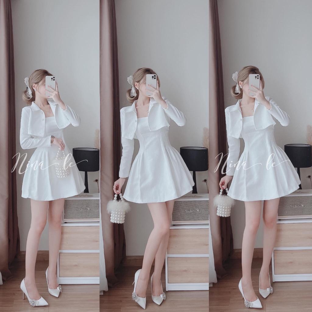 Sét váy 2 dây dáng xòe (Có mút ngực) phối áo vest croptop dài tay trắng tinh khôi, sang chảnh dạo phố, dự tiệc, công sở