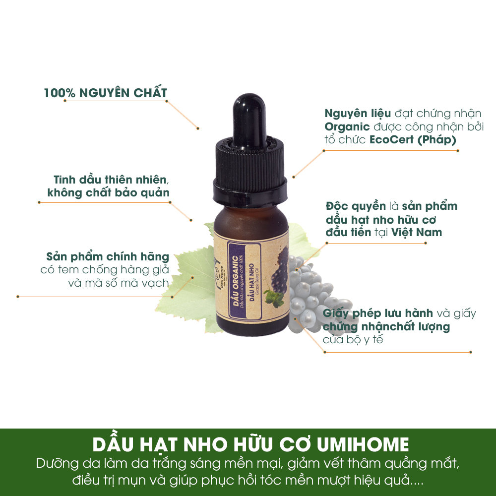 Dầu Hạt Nho Nguyên Chất Umi Home (10ml) Dầu dưỡng da chống lão hoá loại bỏ thâm mụn hiệu quả