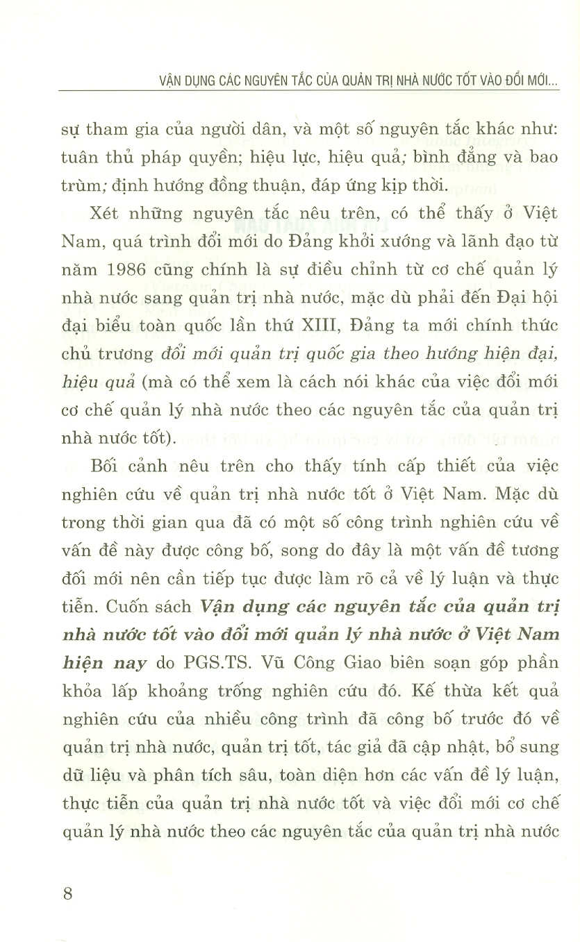 Vận Dụng Các Nguyên Tắc Của Quản Trị Nhà Nước Tốt Vào Đổi Mới Quản Lý Nhà Nước Ở Việt Nam Hiện Nay (Sách Chuyên Khảo)