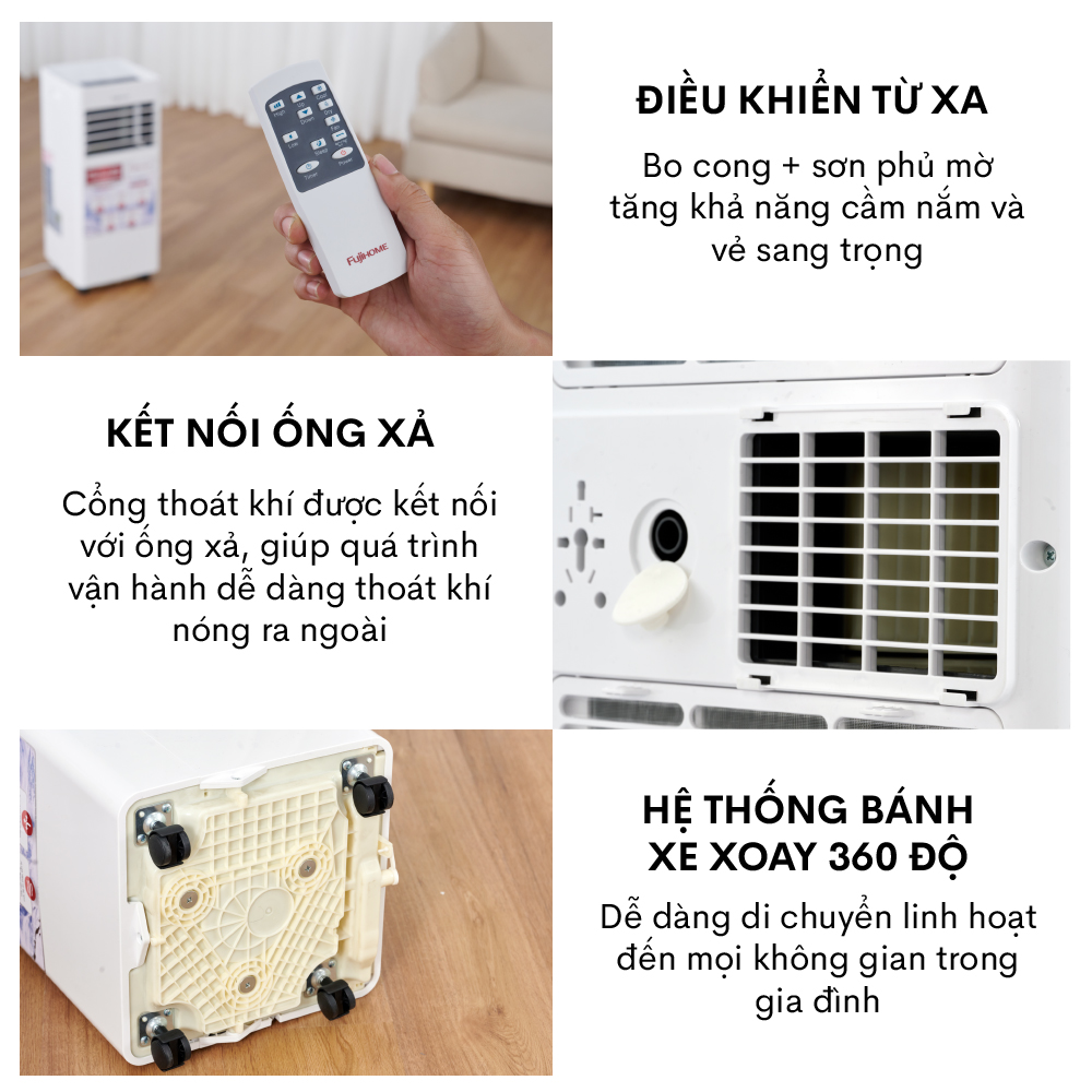 Máy lạnh di động 7000 BTU Fujihome PAC07, điều hòa di động mini 4 trong 1 làm lạnh, hút ẩm, quạt, lọc không khí, điều khiển từ xa - Hàng chính hãng