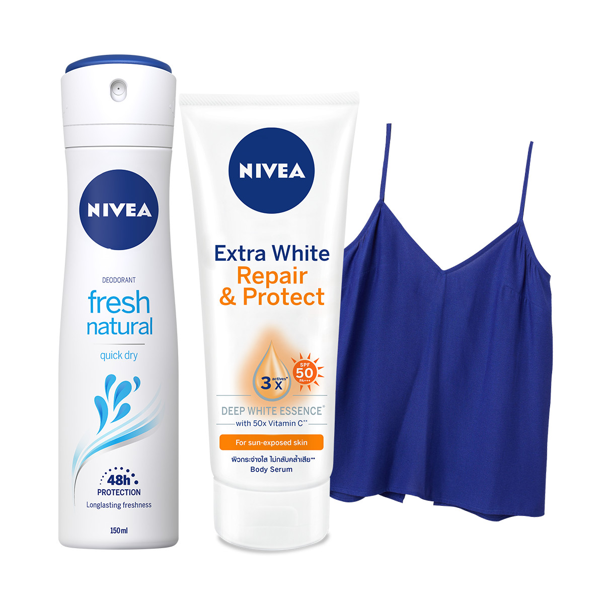 TẶNG ÁO 2 DÂY NỮ THỜI TRANG - Bộ đôi Tinh Chất Dưỡng Thể Dưỡng Trắng NIVEA Ban Ngày Phục Hồi &amp; Chống Nắng SPF50 (180ml) và Xịt Ngăn Mùi Fresh Natural Tươi Mát (150ml)