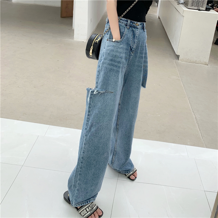 Quần jeans nữ cạp cao ống rộng rách đùi ulzzang, thời trang phong cách trẻ