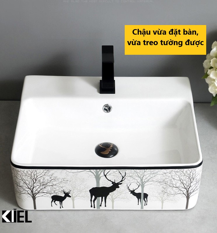 Chậu lavabo treo tường, chậu rửa mặt bàn đá hoa văn hươu cực đẹp hàng chuẩn không bám bẩn