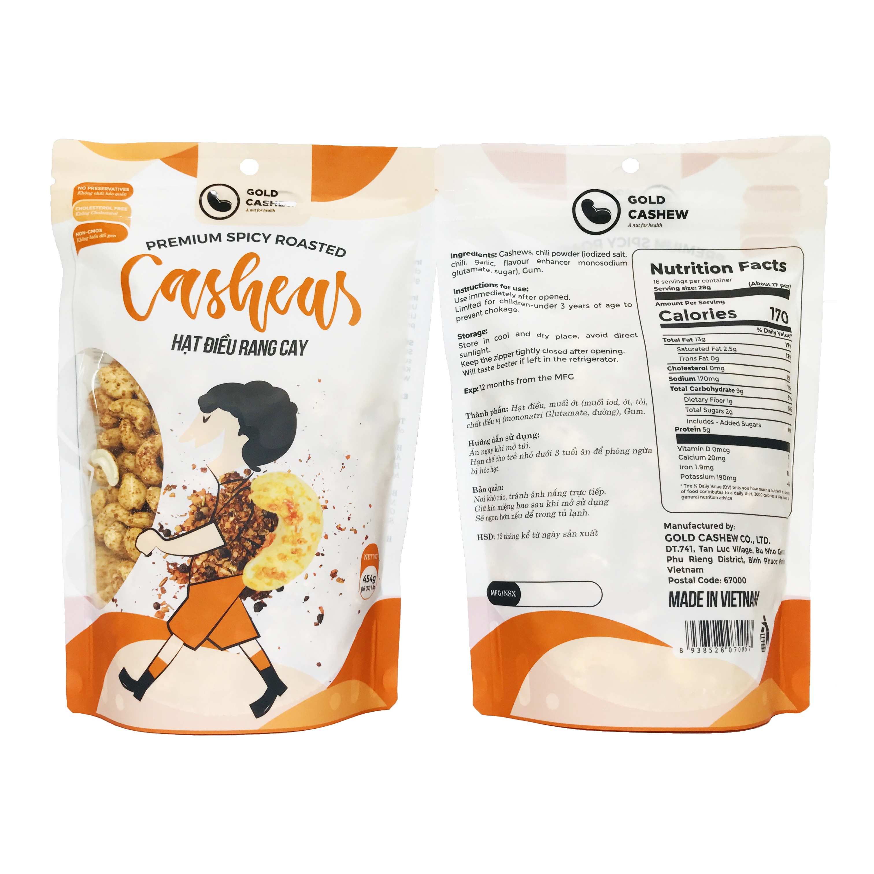 Hạt Điều Rang Cay Cao Cấp Gold Cashew - Premium Spicy Roasted Cashew, Chuẩn hạt điều size WW240, Công nghệ rang không dầu và muối tinh thể, Không chất bảo quản, Không Cholesterol