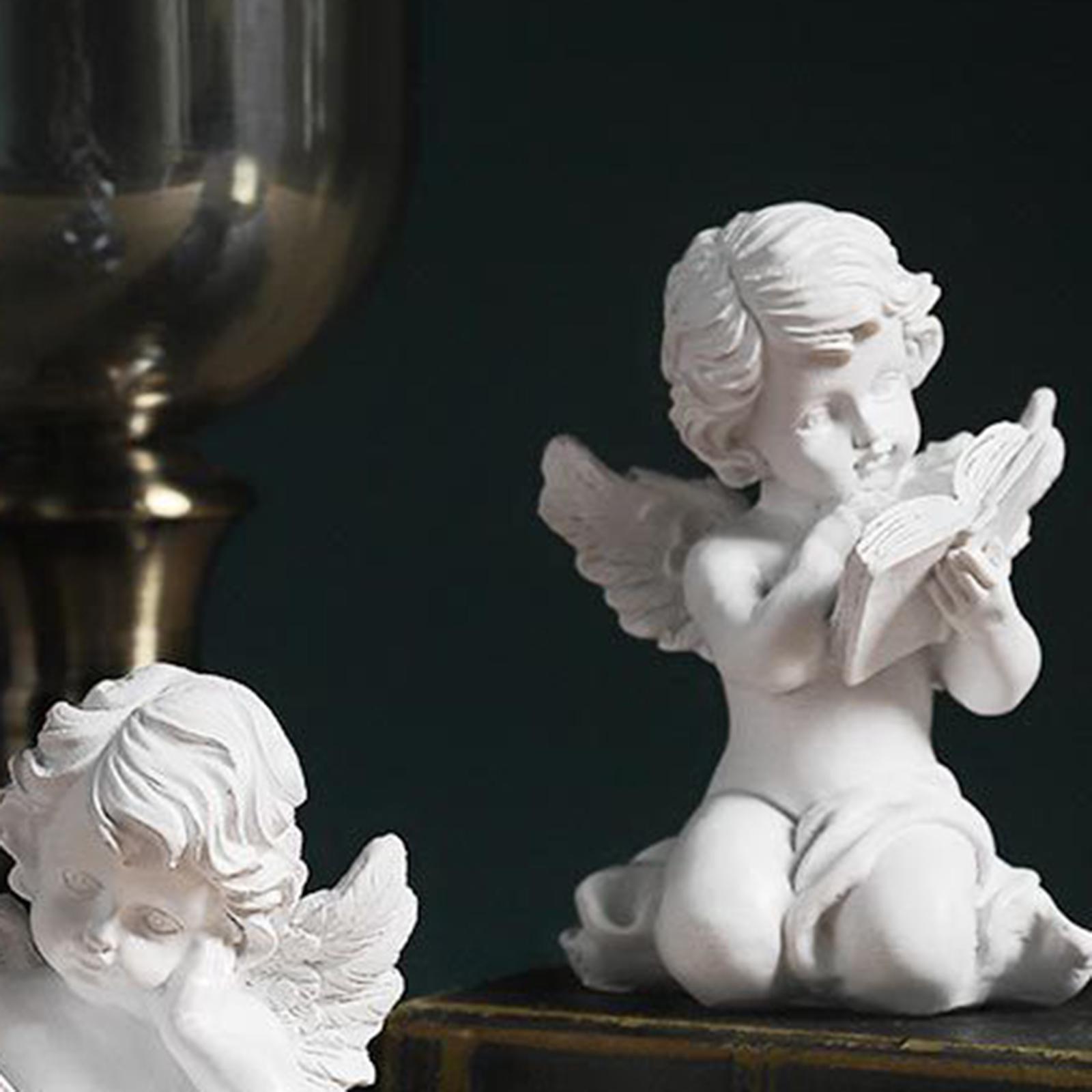 Resin Sculpture Cherub Figurines Artwork Desk Figure Baby Angel Statue Reading Cherubs Wings Angel for Cabinet, Living Room, Decor, Indoor, Home