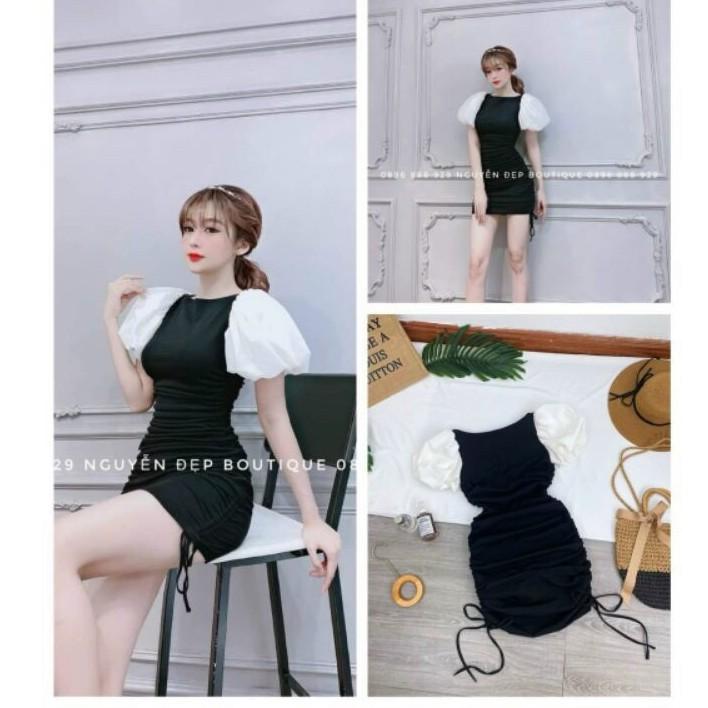 Đầm body tay phồng phối voan rút dây sườn xinh xắn