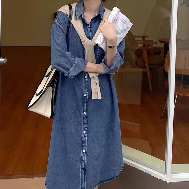 Váy sơ mi Jeans dáng dài, váy jean dài tay dáng rộng, mẫu mới A17