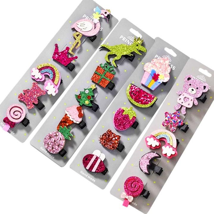 Set 5 kẹp tóc handmade cho bé gái nhiều họa tiết lấp lánh – P080