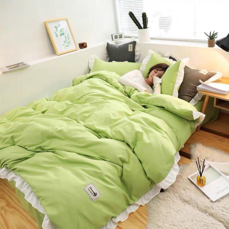 Sét 4 Món Chăn Ga Gối Cotton TC Viền Bèo Trắng Dài Pp3051