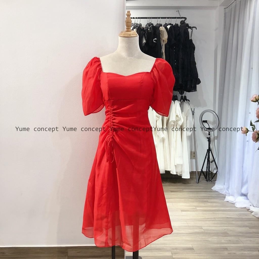 Đầm Dự Tiệc Tay Phồng Rút Dây Hông