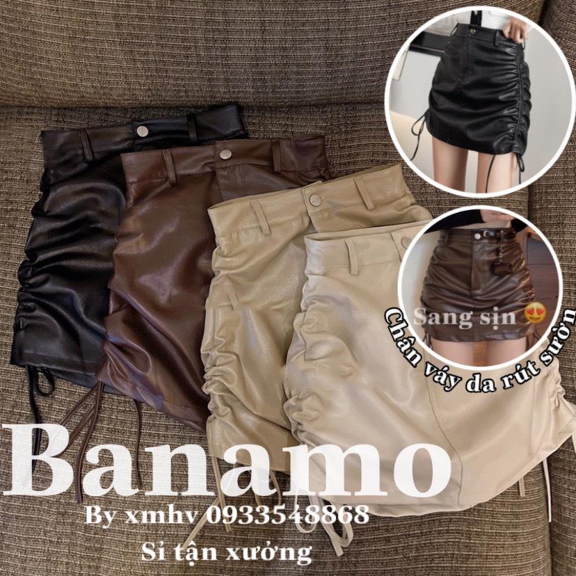 Chân váy ngắn nữ chất da mềm dây rút 2 bên cá tính màu đen nâu kem thời trang Banamo Fashion 5912