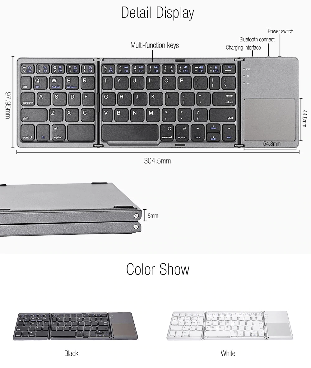 ROGTZ Bàn Phím Không Dây Mini Gấp Gọn Bluetooth Tích Hợp Touchpad B033 - Hàng Nhập Khẩu