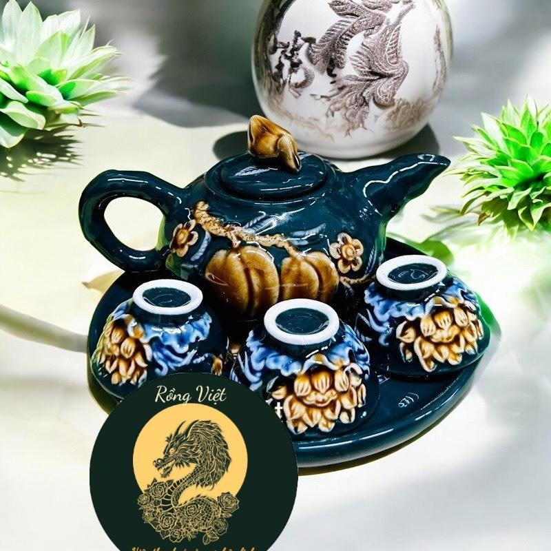 Bộ đồ thờ đắp nổi men xanh RỒNG VIỆT, Hoạ tiết tinh xảo Hàng Kỹ, Đồ Thờ Bát Tràng chính hãƞg