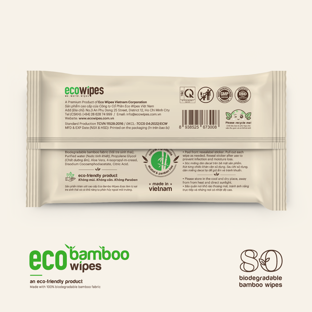 Khăn giấy ướt cao cấp EcoWipes gói 80 tờ vải sợi tre sinh thái Bamboo không mùi có thể phân hủy