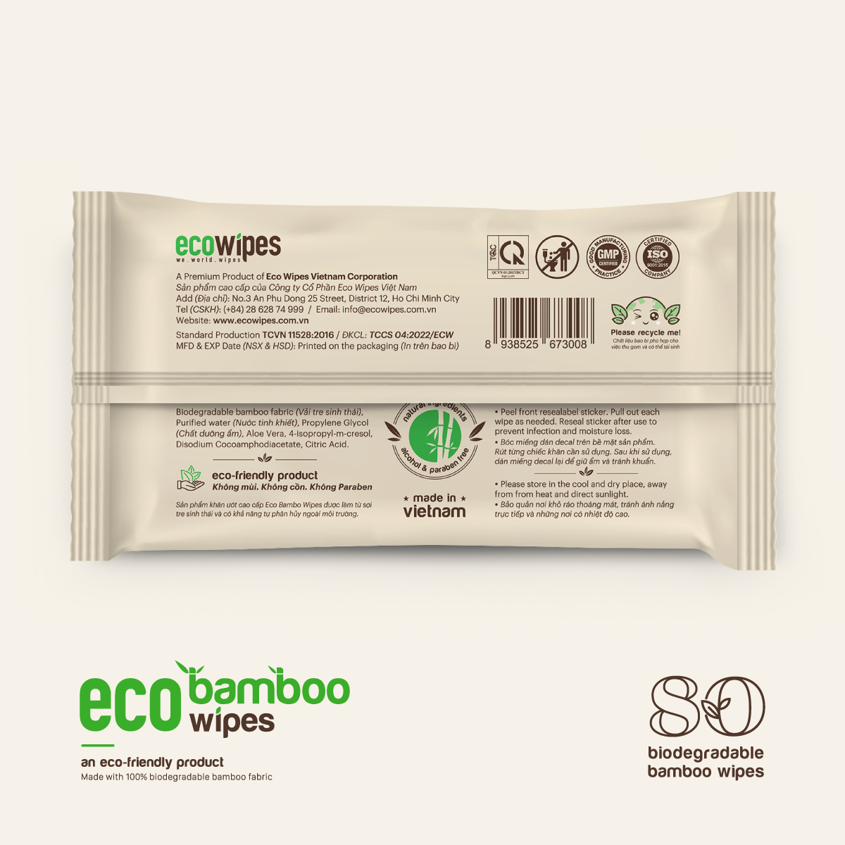 Khăn giấy ướt cao cấp EcoWipes vải sợi tre sinh thái Bamboo không mùi có thể phân hủy trong môi trường