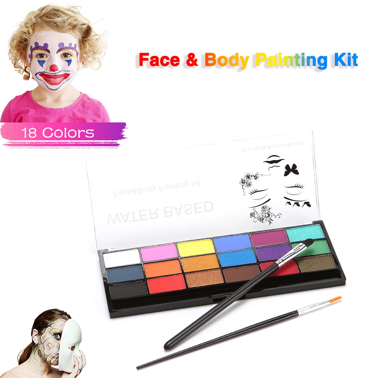 Face Paint Kit 18 Color Washable Water Based Body Painting With 2 Brushes Safe & Non-Toxic Paints Palette Professional