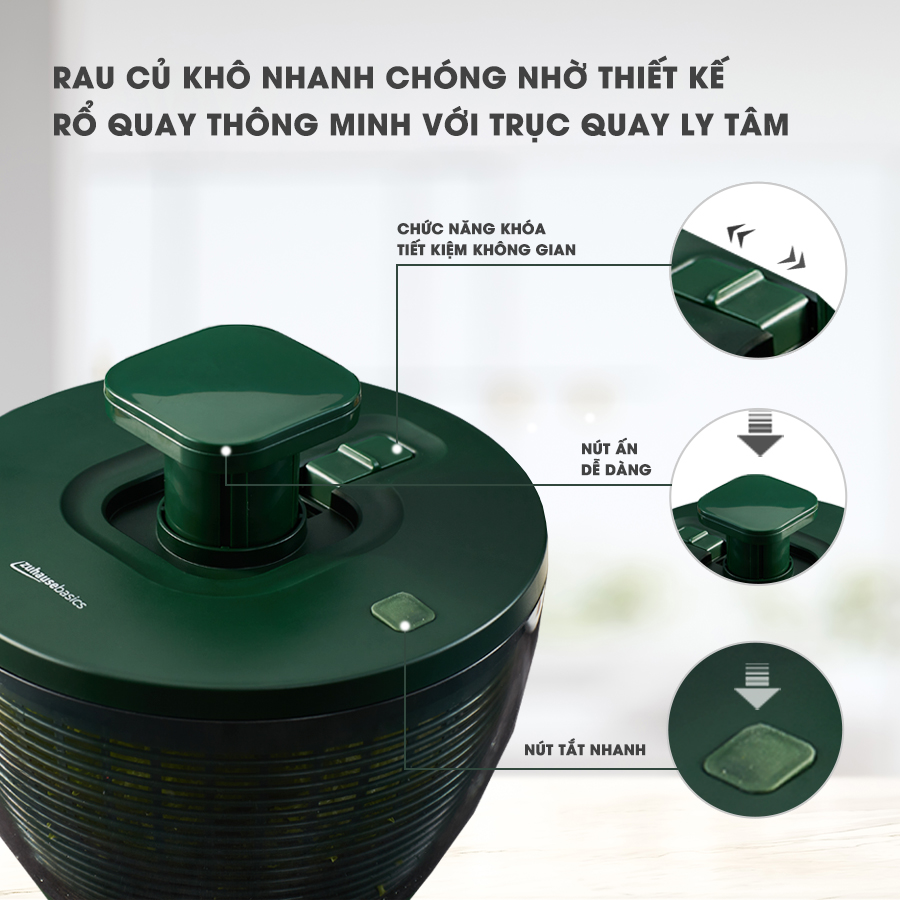 Rổ quay rau ly tâm Zuhausebasics ZB68 GREEN, rổ quay salat chất liệu nhựa PP - hàng chính hãng