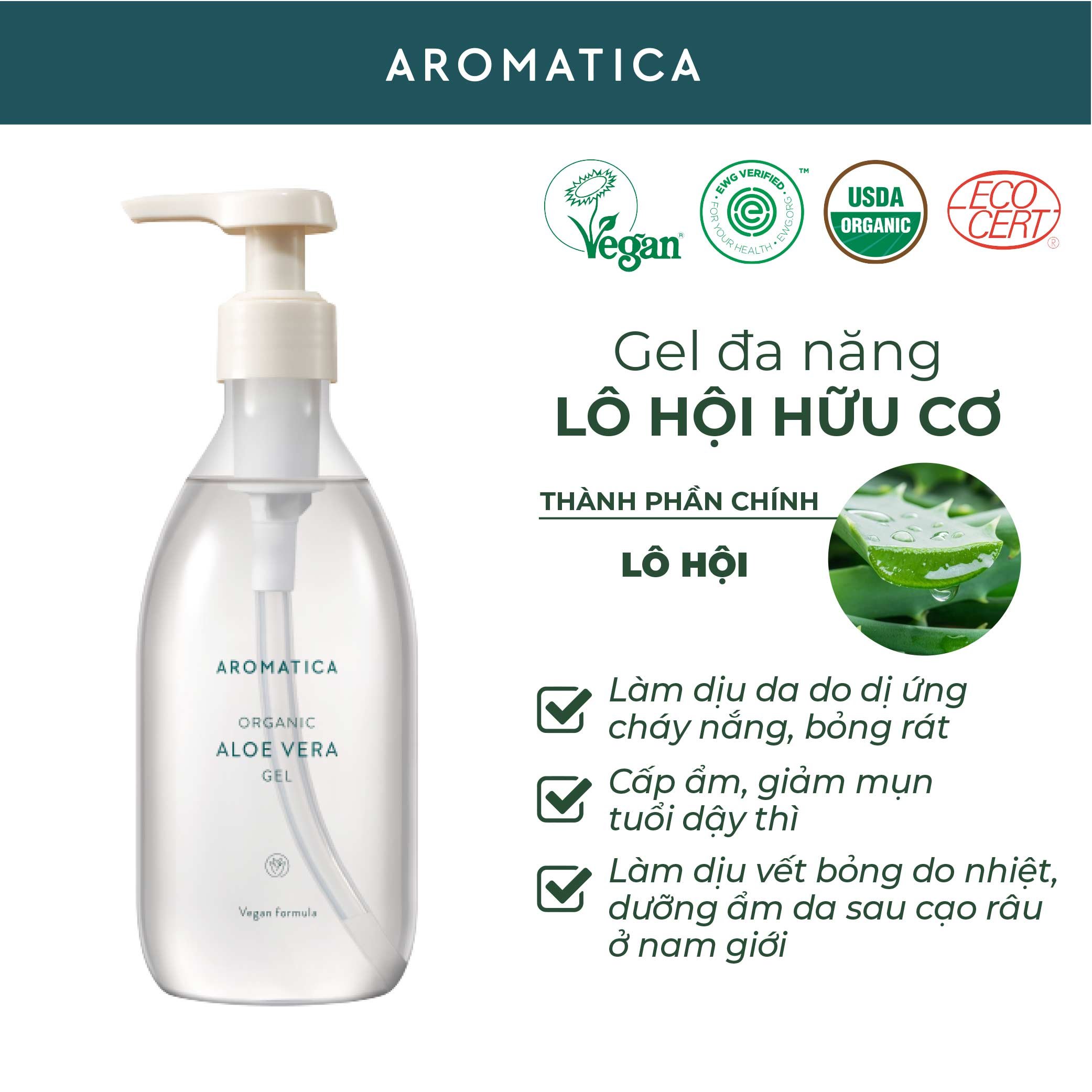 Gel Lô Hội Hữu Cơ Dưỡng Ẩm Mặt Và Toàn Thân Aromatica Organic Aloe Vera Gel 300ml