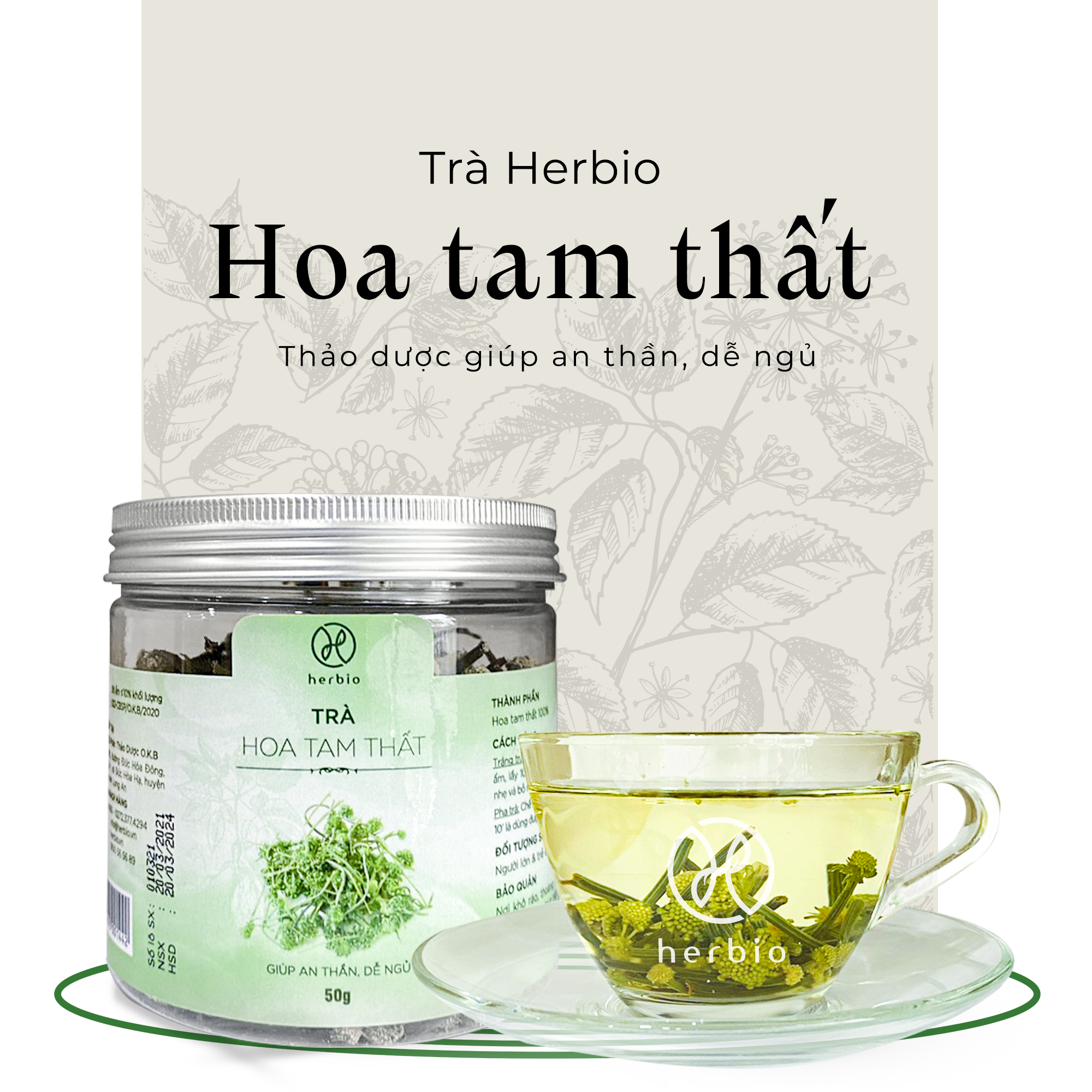 Trà thảo mộc nụ hoa Tam Thất Herbio - giúp an thần, giải tỏa căng thẳng, giảm mệt mỏi, tạo giấc ngủ sâu - hộp 50g