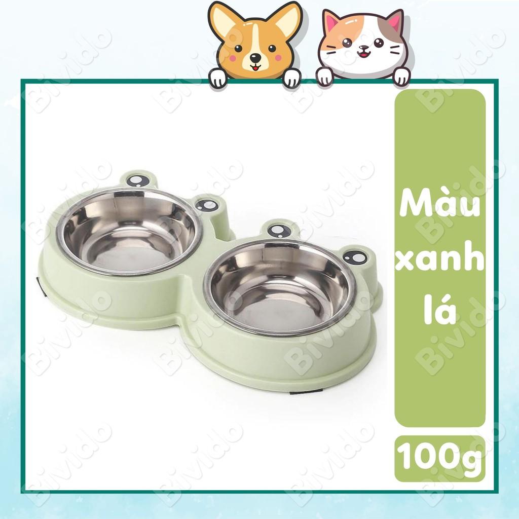 Bát ăn đôi cho chó mèo hình ếch bằng inox không gỉ đế nhựa 100g - Bivido Pet Shop