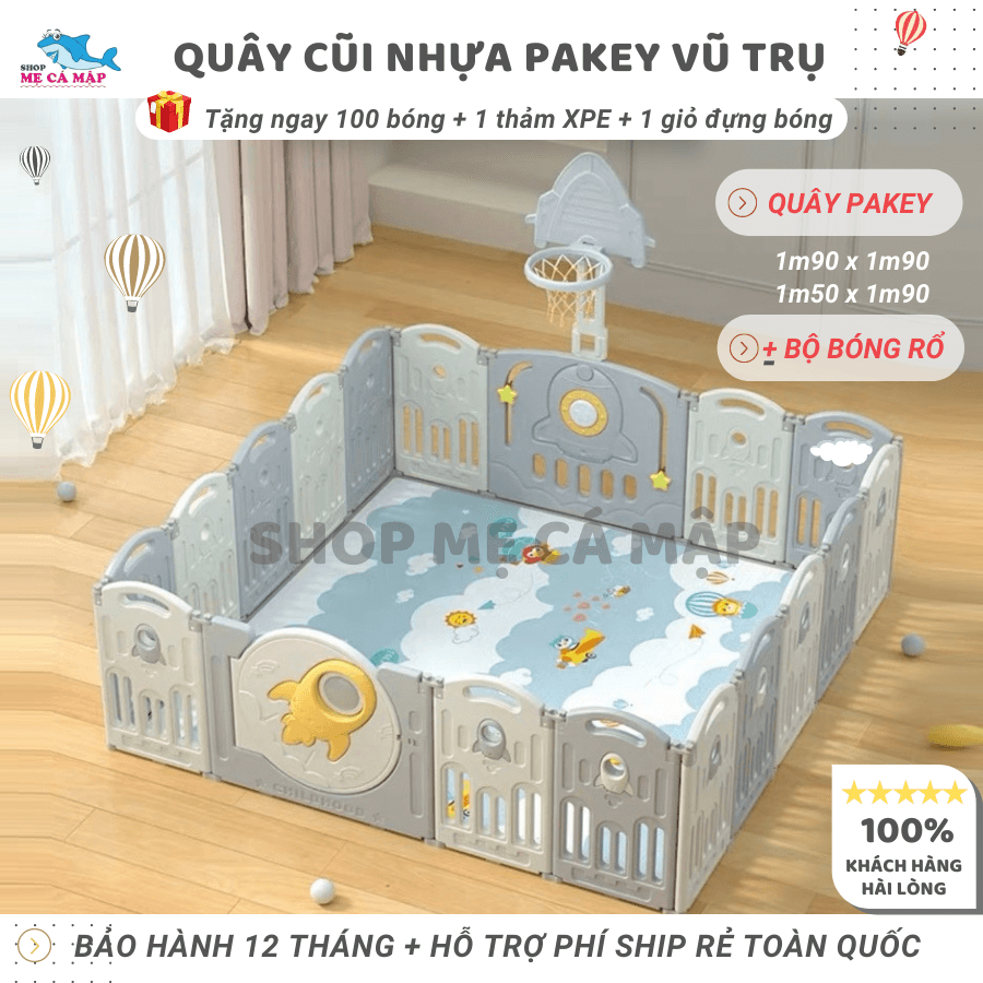 Quây cũi nhựa gấp gọn vũ trụ TẶNG BÓNG RỔ + BÓNG + THẢM, quây bóng an toàn