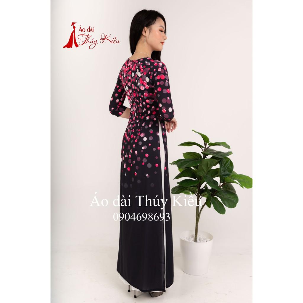 Áo dài Thúy Kiều in 3D lụa Nhật đen chấm bi hồng K30