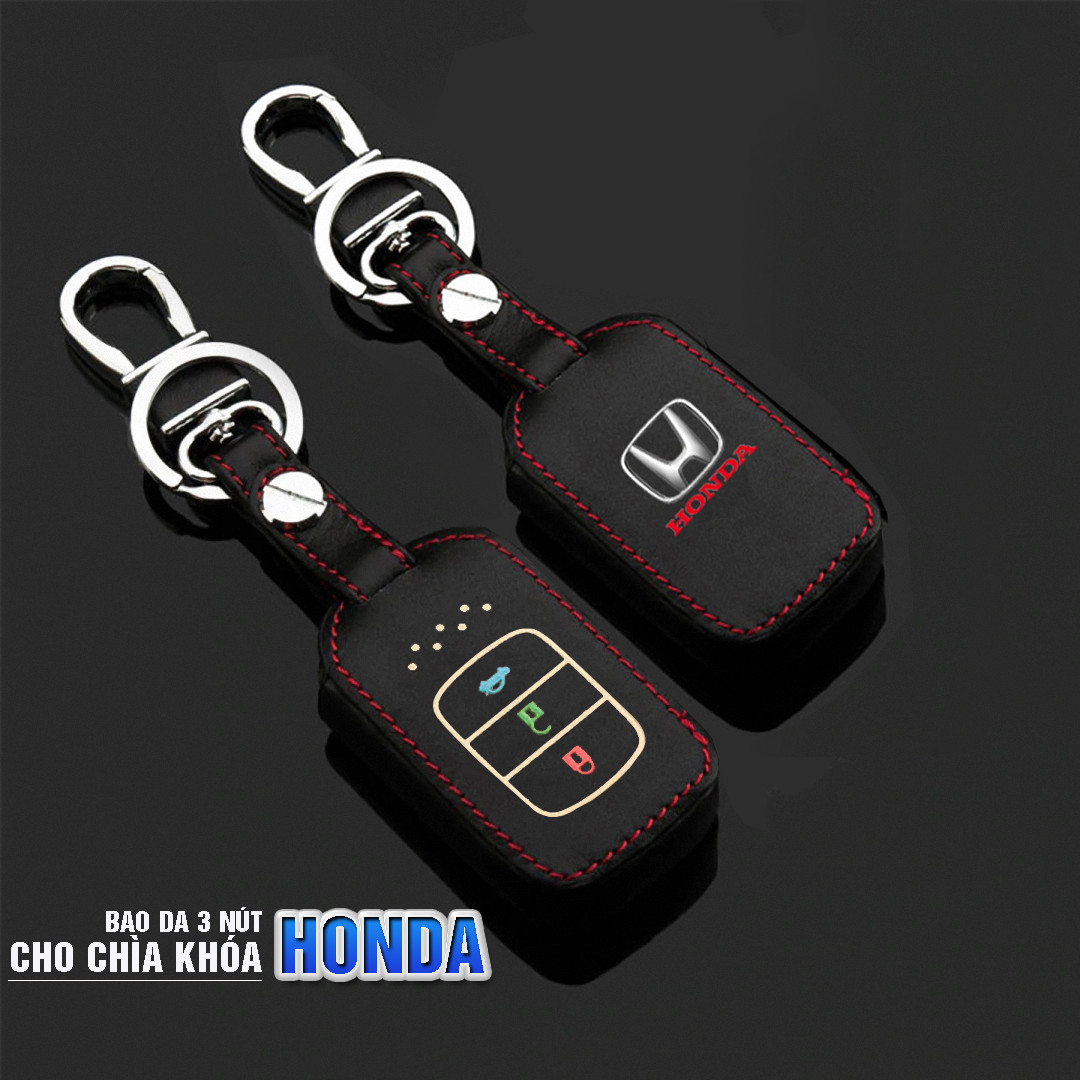 Cho xe Honda, bao da chìa khóa ô tô 3 nút dạ quang kiêm móc khóa chất liệu da, Inox MIHOCO Honda 3N/ Hàng chính hãng