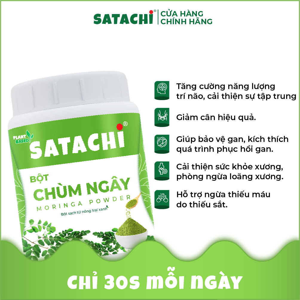 Bột Chùm Ngây SATACHI nguyên chất. Tăng cường Trí Não, bảo vệ Tim Gan, phòng ngừa bệnh Xương Khớp. Hộp 86g và 258g