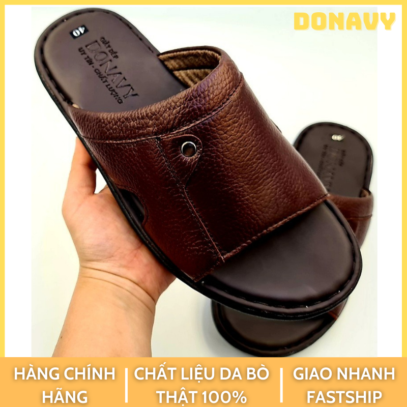 Dép quai ngang nam da bò thật 100% DONAVY kiểu đính khuy bản INOX cách điệu bắt mắt DINOX