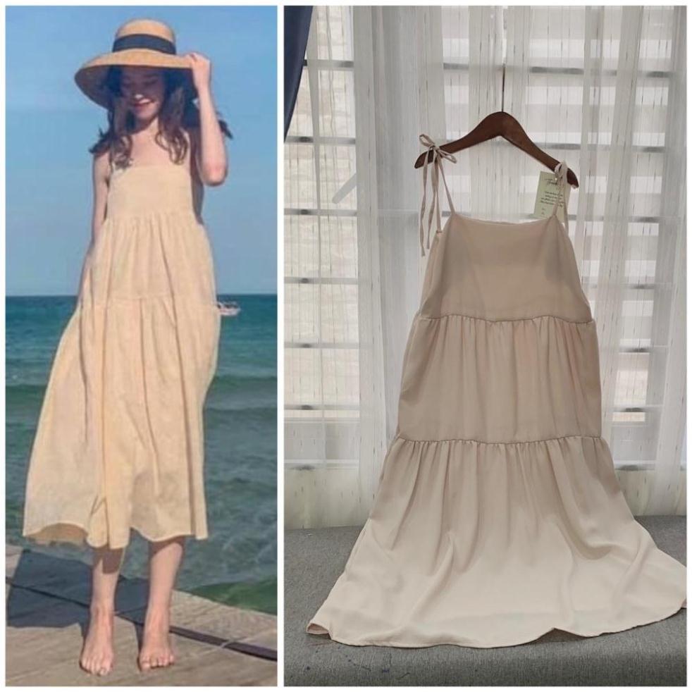 Đầm váy hai dây voan tơ buộc vai đen kem sữa váy thiết kế đầm Maxi váy hai dây buộc nơ xinh 597
