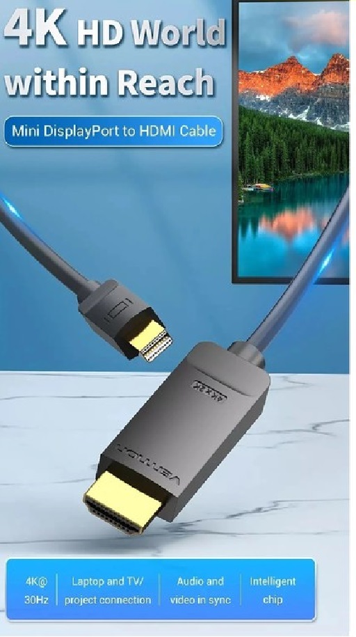 [Mini DP ra HDMI ]  Cáp chuyển tín hiệu Mini DP male ra HDMI male hỗ trợ 4K Vention HAHBG - Hàng chính hãng