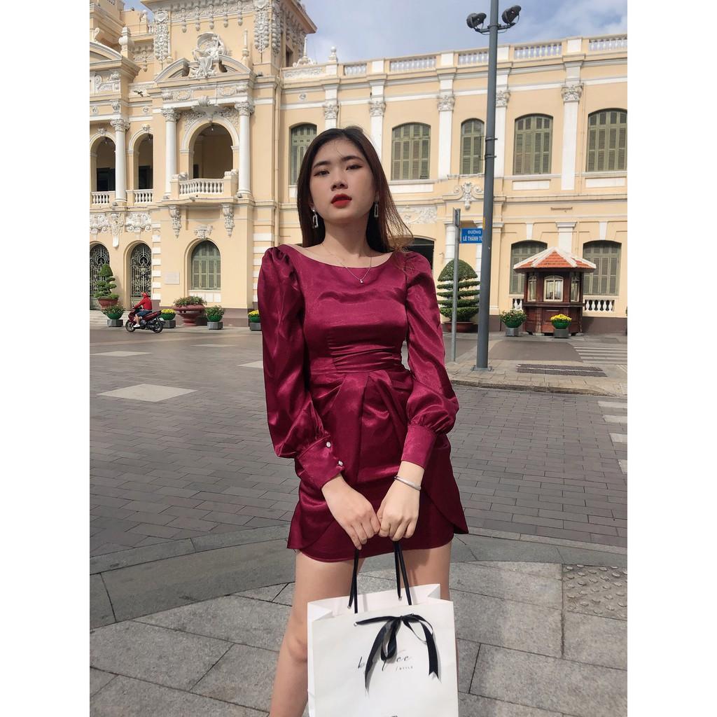 Đầm satin đỏ đô tay bồng