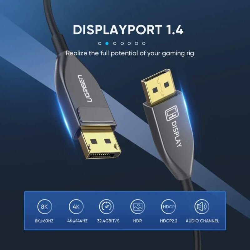Ugreen UG60270ED027TK 10M Màu Đen DisplayPort 1.4 Optical fiber Male to Male cable 4K @144 Hz - 8K@ 60Hz - HÀNG CHÍNH HÃNG
