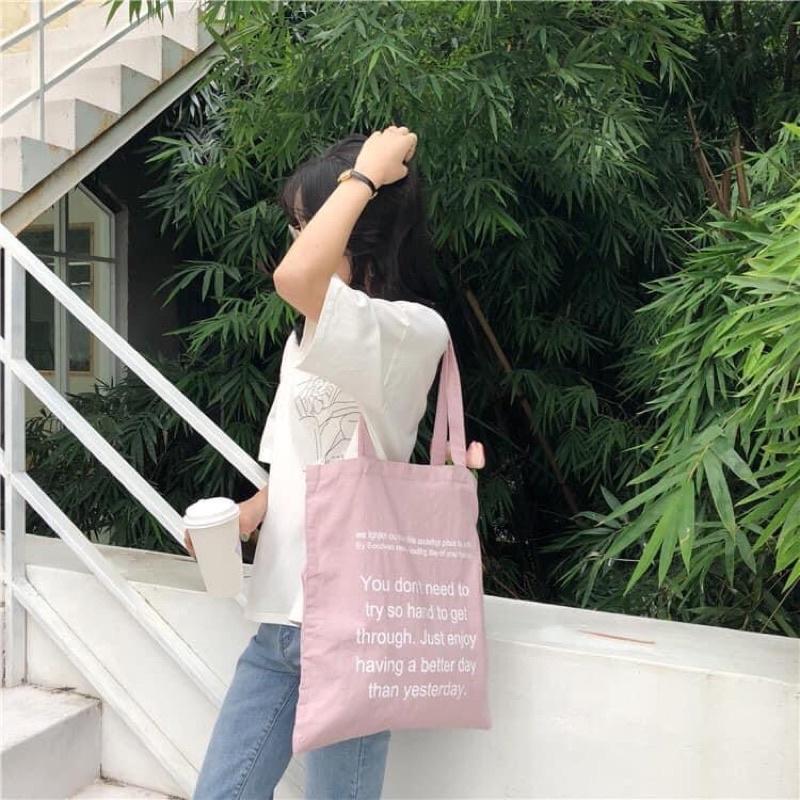 Túi Tote Túi Vải Canvas chữ Pink siêu đẹp phong cách Hàn Quốc có ngăn phụ