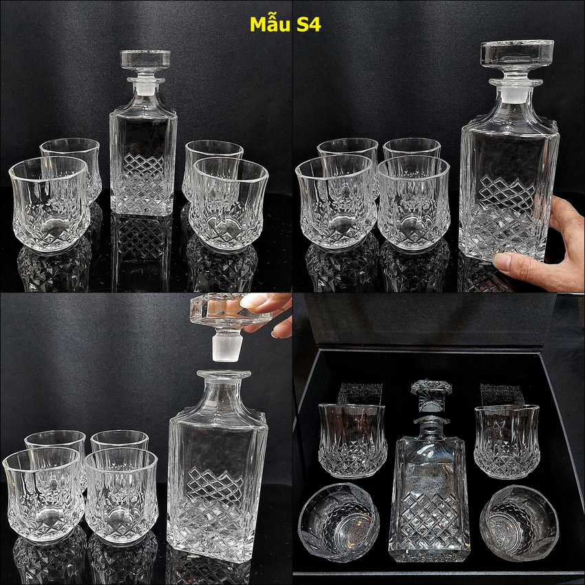 Bộ Chai Đựng Rượu Pha Lê kèm 4 ly whiskey decanter cao cấp - 4 mẫu lựa chọn - Bộ Bình Rượu Pha Lê nắp mài đặc nguyên khối không gioăng