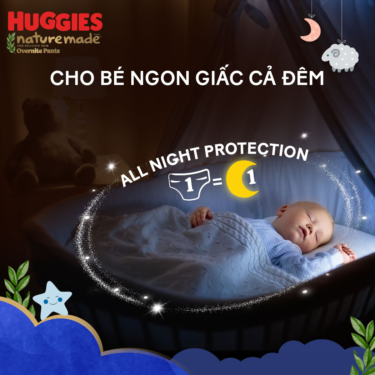 Combo 2 Tã quần Huggies Naturemade ban đêm M58/L44/XL38/XXL26