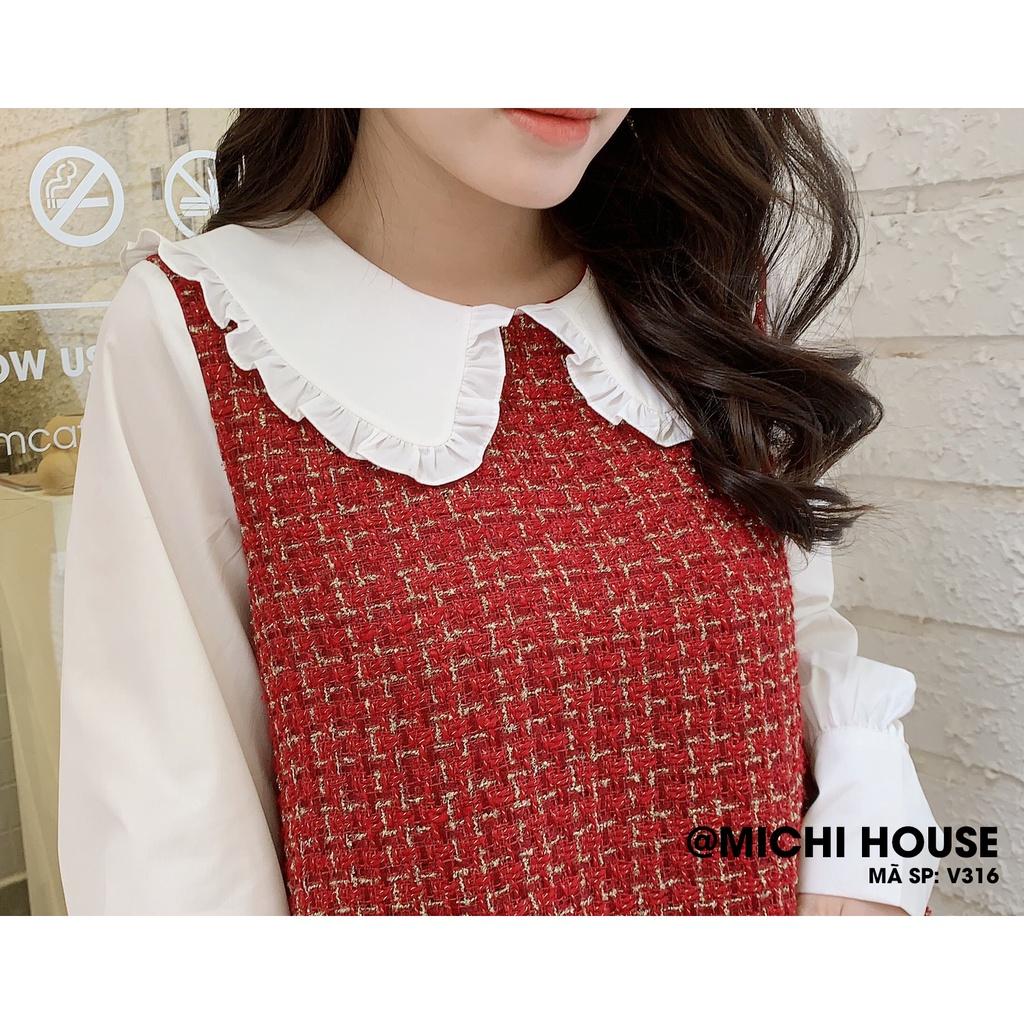 Đầm Suông Đỏ Cổ Tay Trắng Dáng Xuông Rộng Xinh MICHI House V316 Đầm Dạ Tweed Thu Đông Thiết kế Xuông Rộng Mặc Bầu Xinh