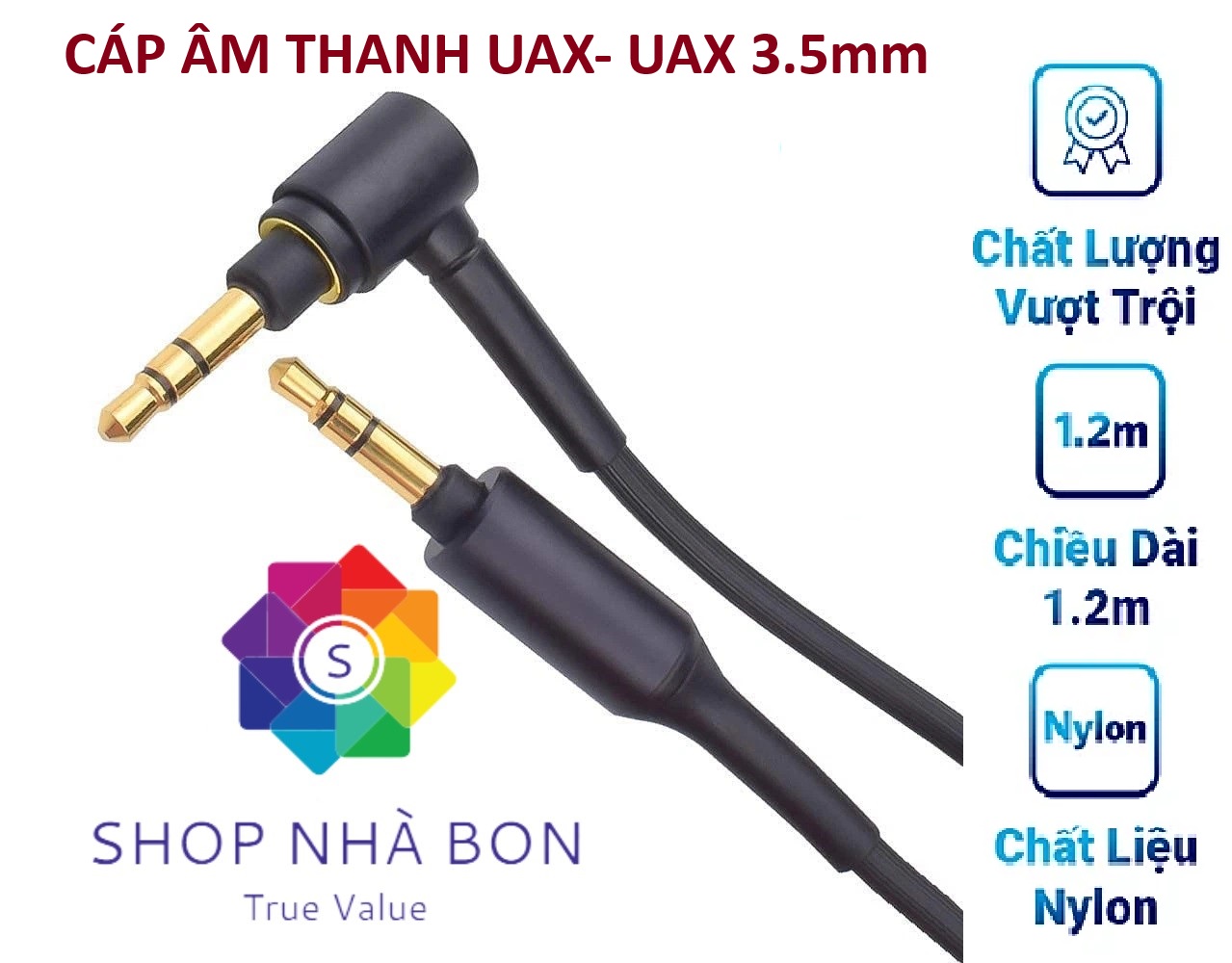 Dây cáp âm thanh UAX 3.5mm tròn mạ vàng  2 đầu dùng cho tai nghe SONY, BOSE,JBL ,Yamaha,.... Hàng chính hãng