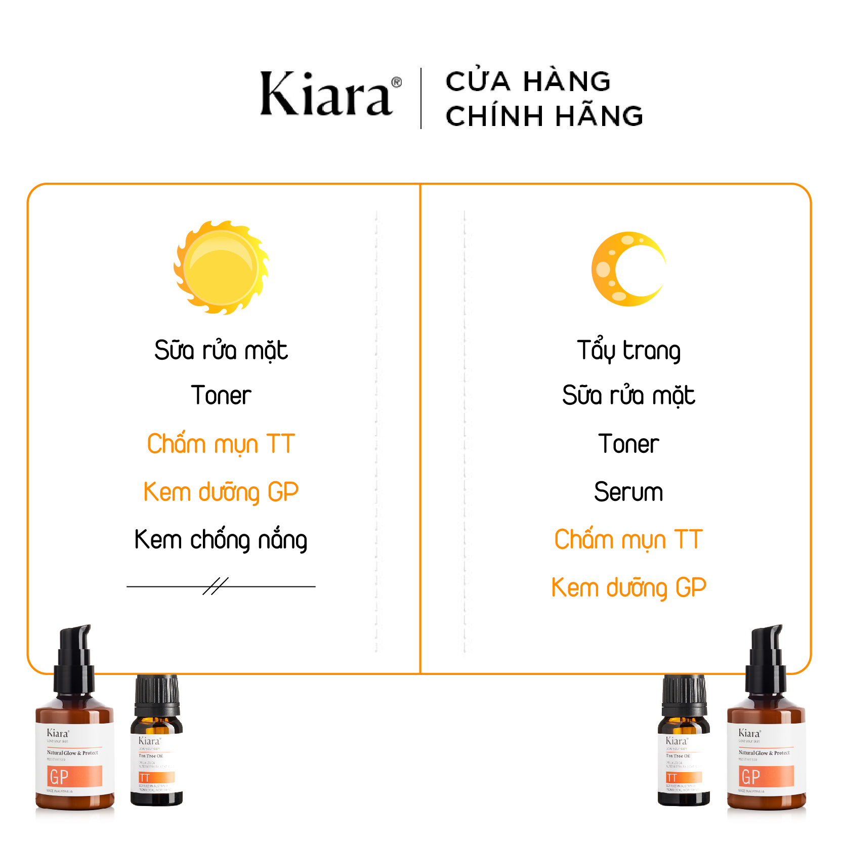 Bộ đôi Chấm mụn Tea Tree Oil 10ml và Kem dưỡng ẩm phục hồi da Kiara Natural Glow & Protect 50ml