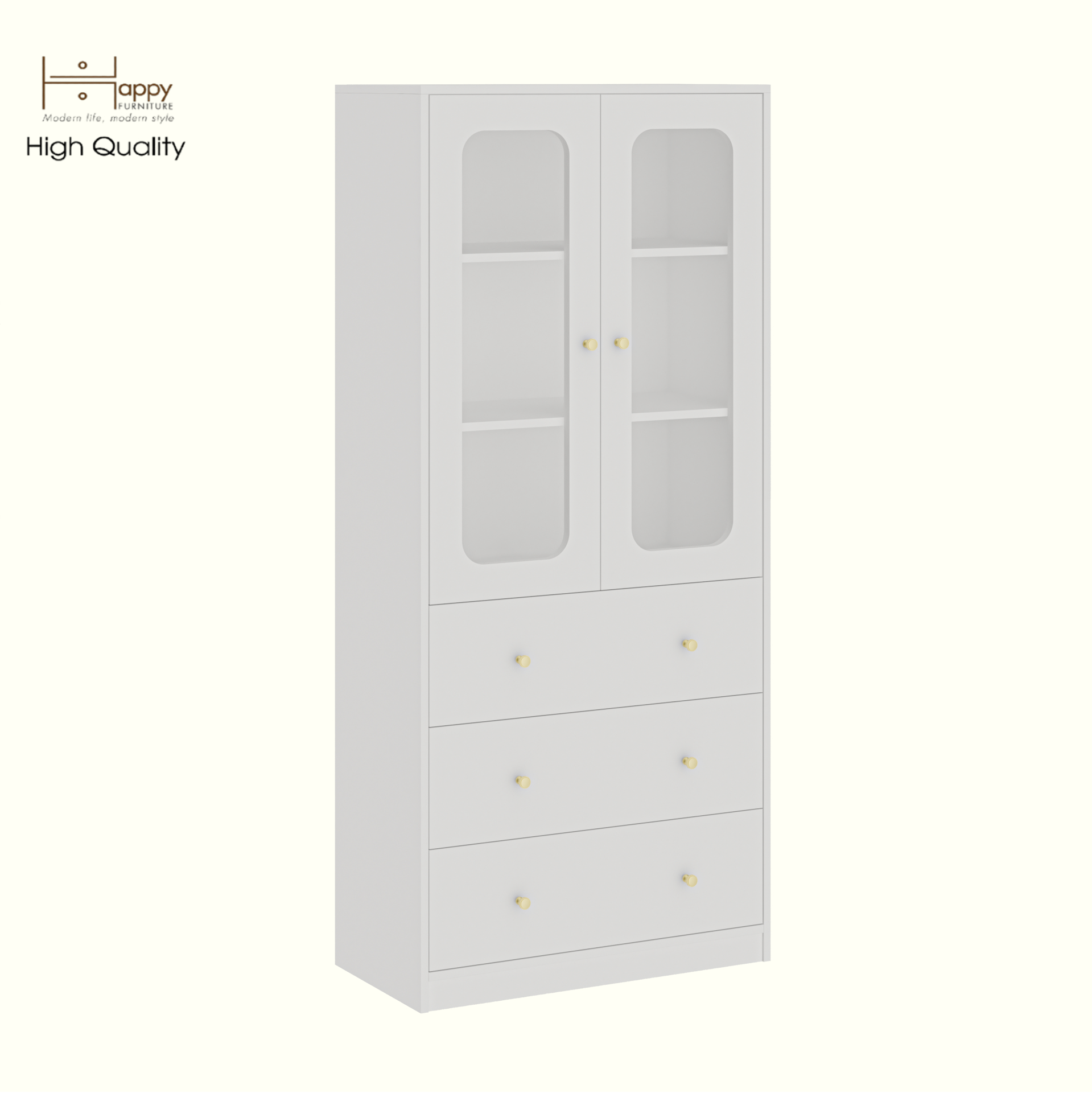 HAPPY FURNITURE , Tủ lưu trữ 2 cửa kính 3 ngăn kéo - NOAH , TCM_270 , 80cm x 40cm x 180cm DxRxC
